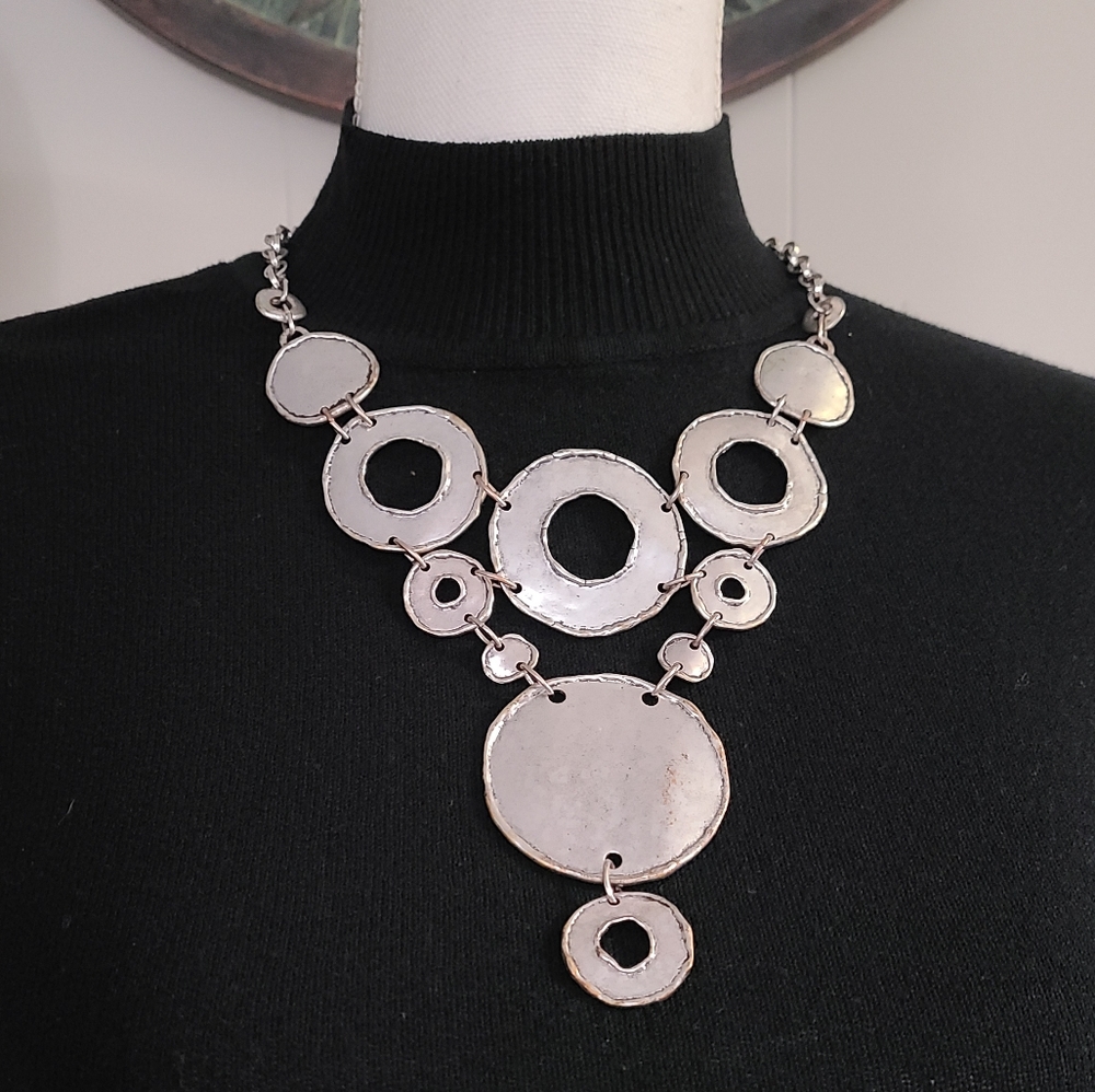 Vintage Mod Artesian Style Statement Necklace Large Circle Silver Tone 1970s